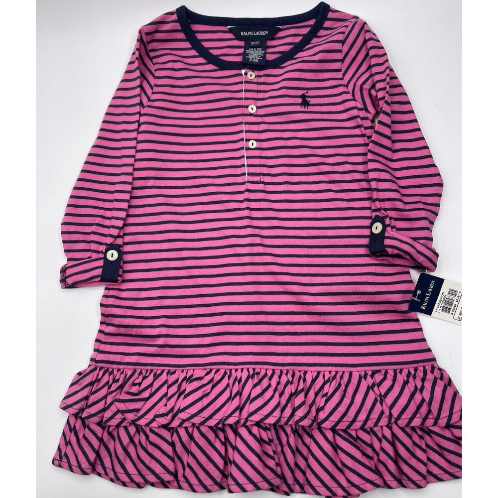 Ralph Lauren Dress Girls Toddler Size 3T Pink Blue‎ Striped Ruffle Long Sleeve